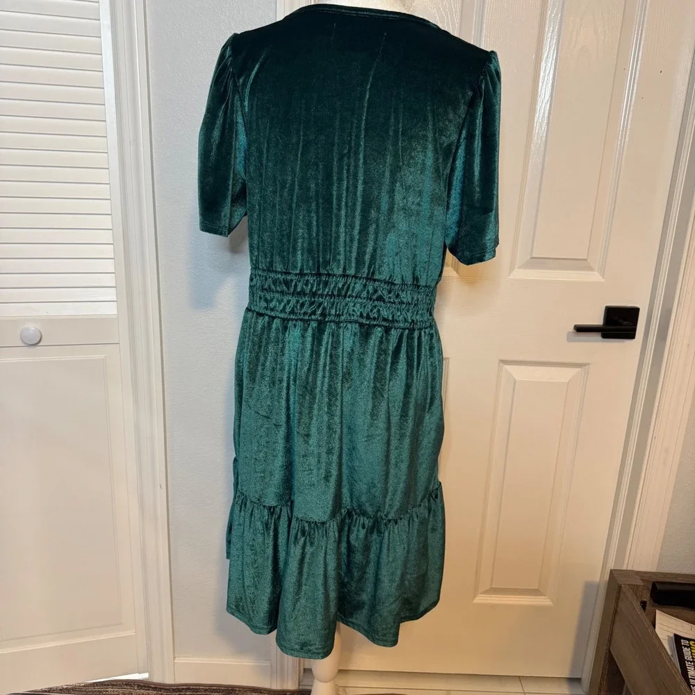 French Connection Green Velvet Holiday smocked Waist Dress Large Green